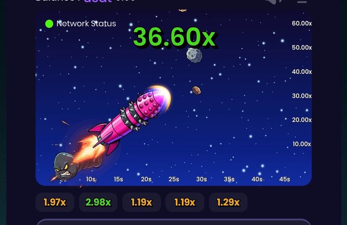 A 'Goat Streak' crash-style game showing a current multiplier of 36.60x with a rocket flying through space, displaying previous round multipliers including 2.98x.