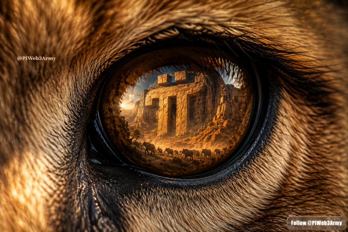 A close-up of a tiger's eye with a reflection of an ancient temple and elephants inside the pupil, credited to @PiWeb3Army.