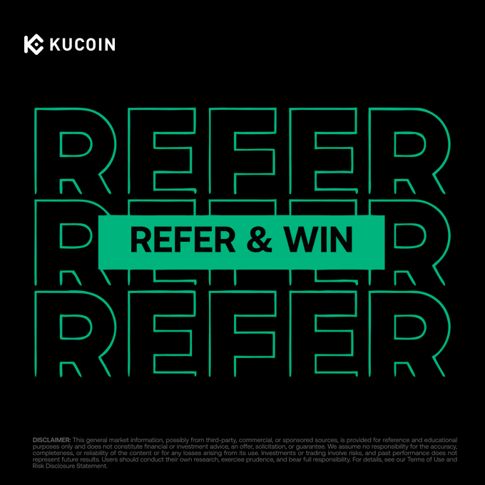 The image is a KuCoin promotional graphic featuring the word "REFER" repeated three times in large green outlined letters on a black background, with a solid green banner across the middle reading "REFER & WIN." It ties into the accompanying post about KuCoin's "KuKu Relay" campaign, where users can race to refer friends and share in a $100,000 rewards pool.