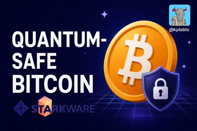 A graphic featuring a large Bitcoin coin with a security shield, promoting 'QUANTUM-SAFE BITCOIN' powered by STARKWARE, with a @kylobtc logo in the corner.