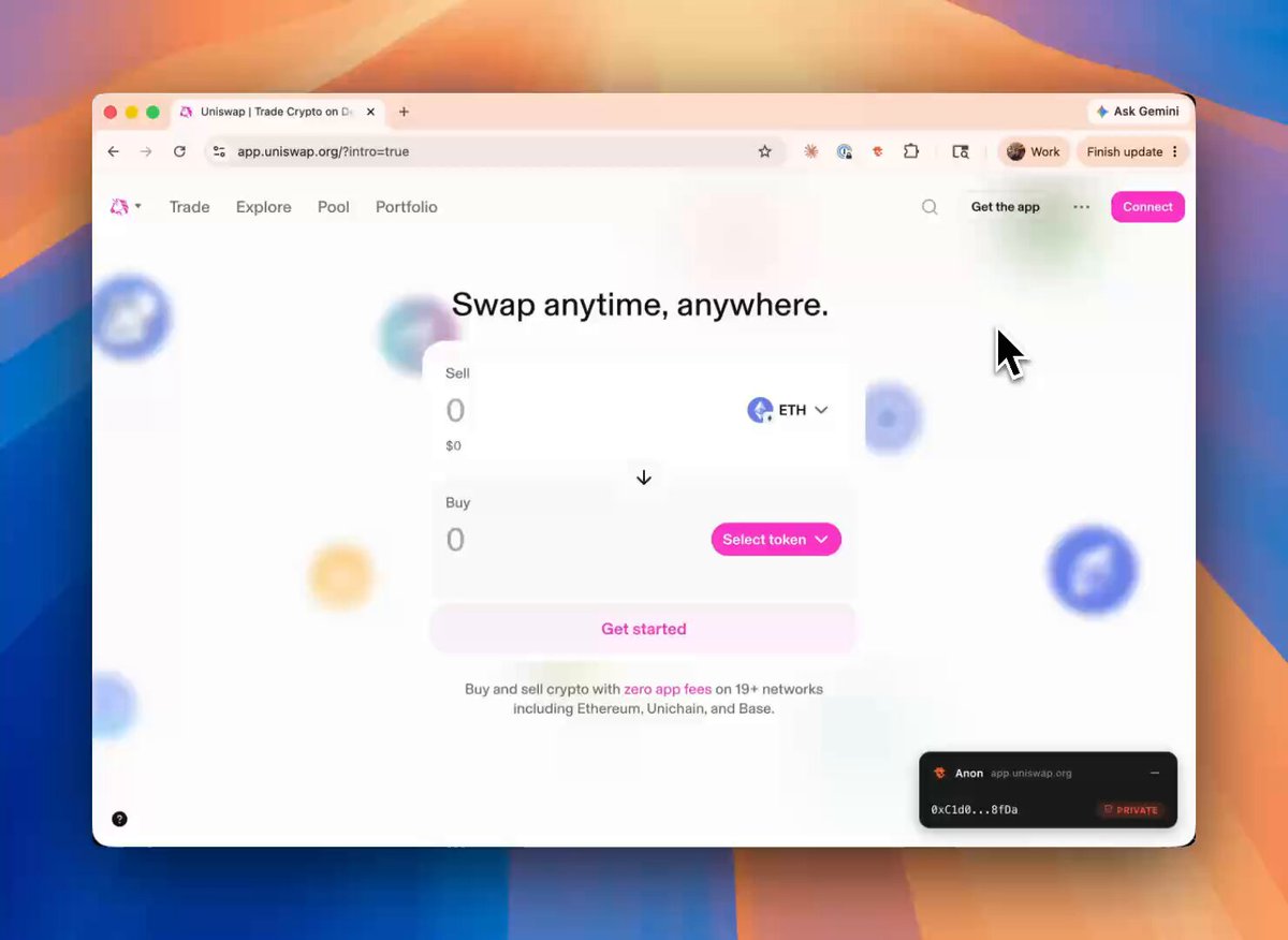 The image shows a computer screen displaying a web browser window, likely Windows Explorer or Chrome, with a pop-up message that reads "Swap anywhere. Set 0.0.0.0.0.0.0.0.0.0.0.0.0.0.0.0.0". The background of the image is a gradient of orange and blue colors. The post about Uniswap is written in white text, which stands out against the colorful background.