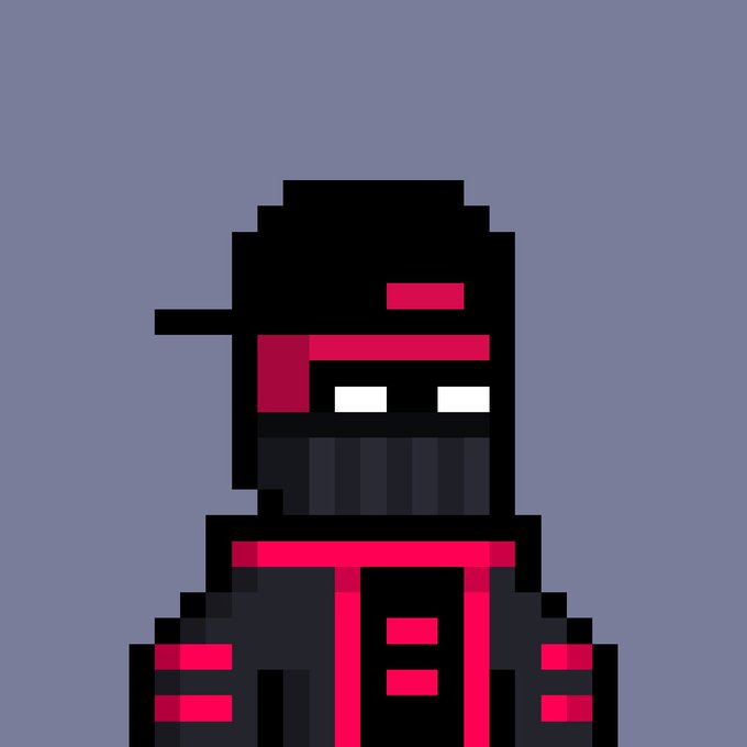 Pixel art portrait of a hooded character with a black and red outfit featuring a visor or mask with glowing white eyes.
