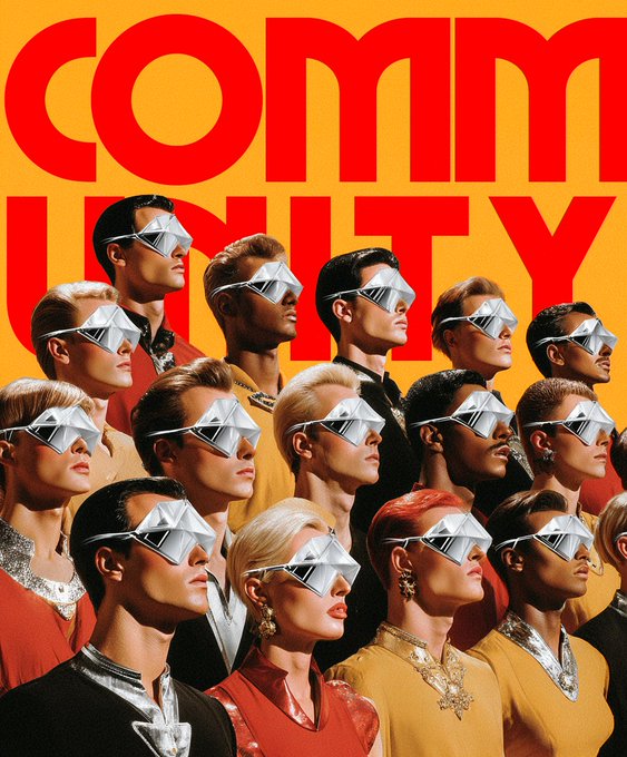 A group of people wearing matching silver geometric sunglasses gaze upward against a bold red and yellow backdrop featuring the word "COMMUNITY" in large red letters. The image's theme of collective unity through conformity visually satirizes the post's promotion of a "community" tech token ($REPLY) that incentivizes users to tag @ReplyCorp in rewarded posts.