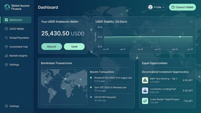 A Global Access Finance dashboard displaying a USDD Stablecoin Wallet with 25,430.50 USDD, USDD Stability chart, borderless transactions map, recent transactions (500 USDD received from Lagos, 120 USDD sent to Mumbai, USDD/TRX swapped), and investment opportunities (DeFi Yield Farming 8.5% APY, Community Lending Pool 6.2% APY, Cross-Border Trade Finance 7.1% APY).