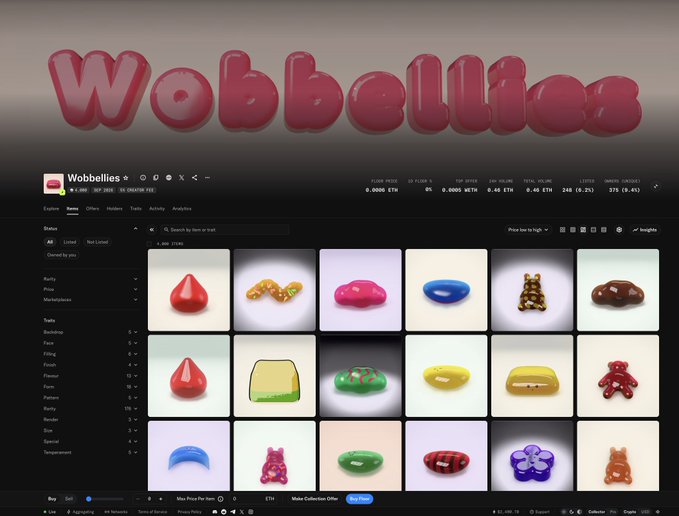 The image displays a digital art collection titled "Wobbellies," showing a grid of 1,990 3D-rendered items in various shapes and colors, as part of a candy-themed NFT minting interface on OpenSea.