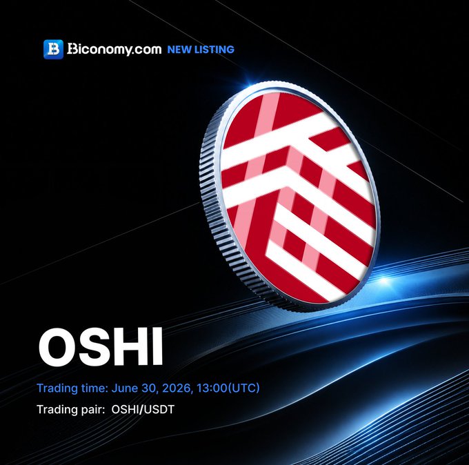 A promotional graphic for Biconomy.com announcing the new listing of $OSHI token, featuring a red and white coin emblem alongside trading details that OSHI/USDT spot trading begins June 30, 2026 at 13:00 UTC.
