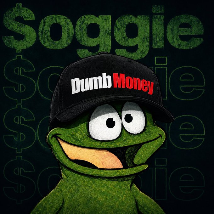 A digital artwork featuring the Pepe the Frog character wearing a black cap that says 'Dumb Money' in white and red text, with the word '$oggie' displayed prominently in green distressed letters in the background.