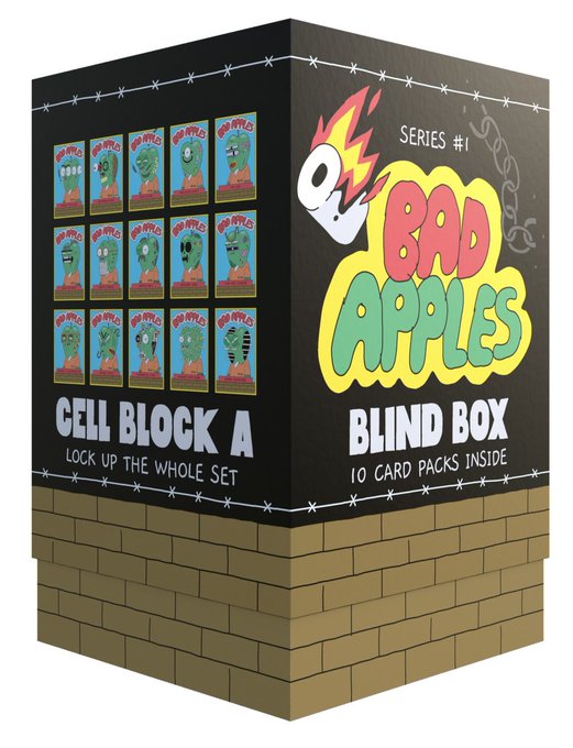 A 'Bad Apples Blind Box' Series #1 collectible toy packaging designed to look like a prison cell with barbed wire, brick walls, and collectible apple character cards displayed on the front, containing 10 card packs.