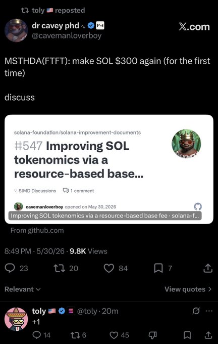 The image shows a social media post with two Twitter feeds displayed side by side. The first feed has a post from @Solana cofounder @toly that reads "Just In: @solana cofounder @toly has signaled support for SML547, a tokenomics improvement proposal that would add a resource based fee burn to higher cost transactions, increasing estimated daily $SOL burn from 648 $SOL per day to 10,800 to 64,800 $SOL." The second Twitter feed displays the post about improving SML547.
