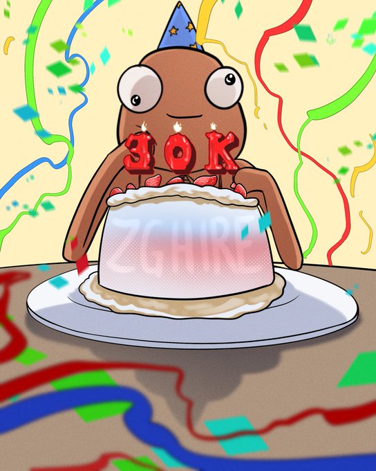 A cartoon character wearing a party hat celebrates behind a birthday cake topped with "30K" candles, surrounded by colorful streamers and confetti—visually commemorating the 30,000 followers milestone mentioned in the post, which is offering 30 free mint spots for the celebration.