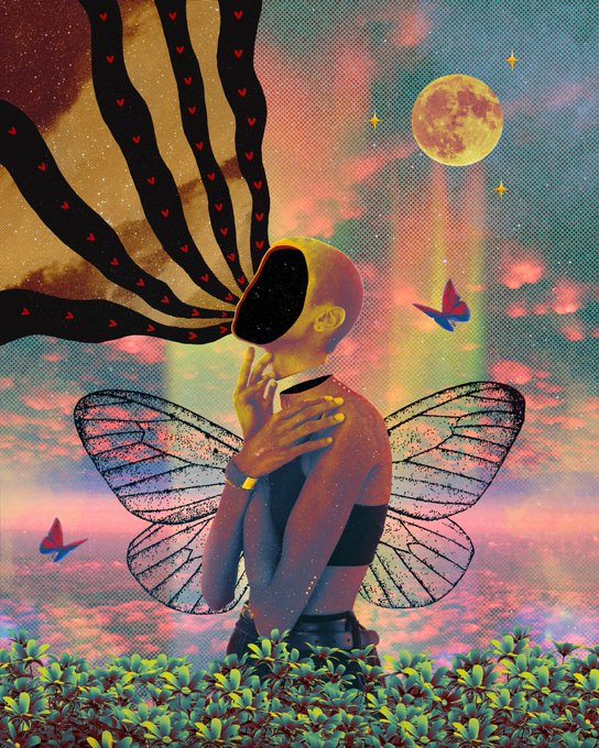 A surreal digital artwork showing a figure with a black void for a head, featuring butterfly wings and flowing black hair decorated with small red hearts, set against a pastel sunset sky with a full moon.