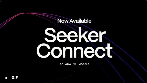 A promotional graphic announces “Now Available: Seeker Connect” by Solana Mobile, with colorful curved lines on a black background. It highlights the launch of a branded, one-tap wallet connection for connecting to Solana dapps from mobile apps and mobile web.