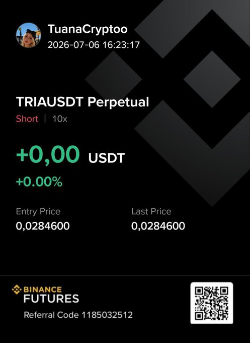 A Binance Futures signal from TuanaCryptoo dated 2026-07-06 shows a TRIAUSDT Perpetual short position at 10x leverage, with an entry price of 0.0284600 and a current P&L of +0.00 USDT, matching the post's announcement of a new short signal at that entry price.