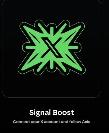 A neon green stylized 'X' logo with 'Signal Boost' text below, prompting users to 'Connect your X account and follow Axis'.