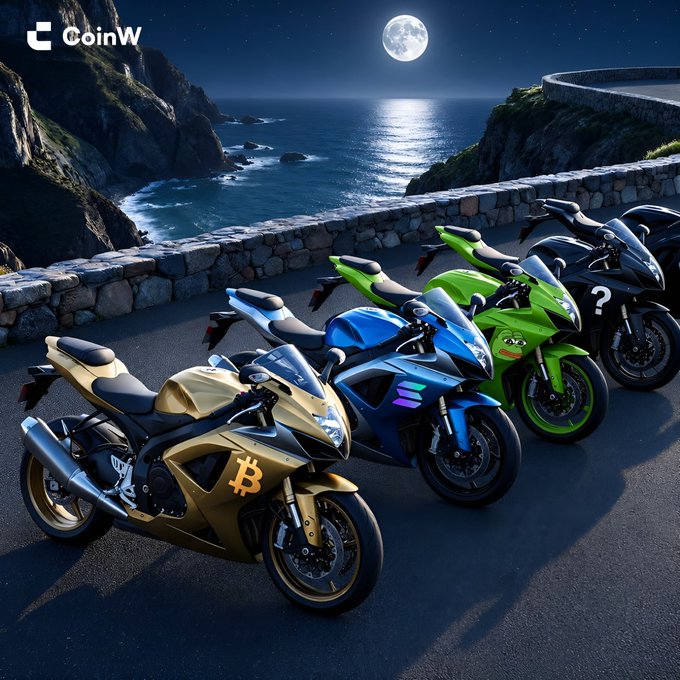 Four sleek sportbikes in gold, blue, green, and black are lined up along a moonlit coastal road, each emblazoned with cryptocurrency symbols—Bitcoin, Ethereum, and a "?" mystery coin—under the CoinW logo. The image visually represents the "Pick your ride" caption, inviting viewers to choose their crypto commitment with the warning that there's no turning back.