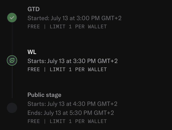 A dark interface showing minting stages: GTD (Started July 13 3:00 PM GMT+2), WL (Starts July 13 3:30 PM GMT+2), and Public stage (July 13 4:30 PM-5:30 PM GMT+2).