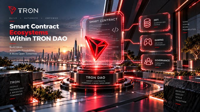 A promotional banner for TRON DAO titled 'Smart Contract Ecosystems Within TRON DAO' featuring a futuristic cityscape and floating interface panels for DeFi, Gaming, and Governance.
