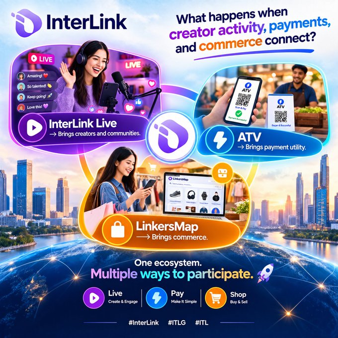 A second InterLink promotional graphic asks 'What happens when creator activity, payments, and commerce connect?' showing InterLink Live, ATV, and LinkersMap connected, with text 'One ecosystem. Multiple ways to participate.' and hashtags #InterLink #ITLG #ITL.