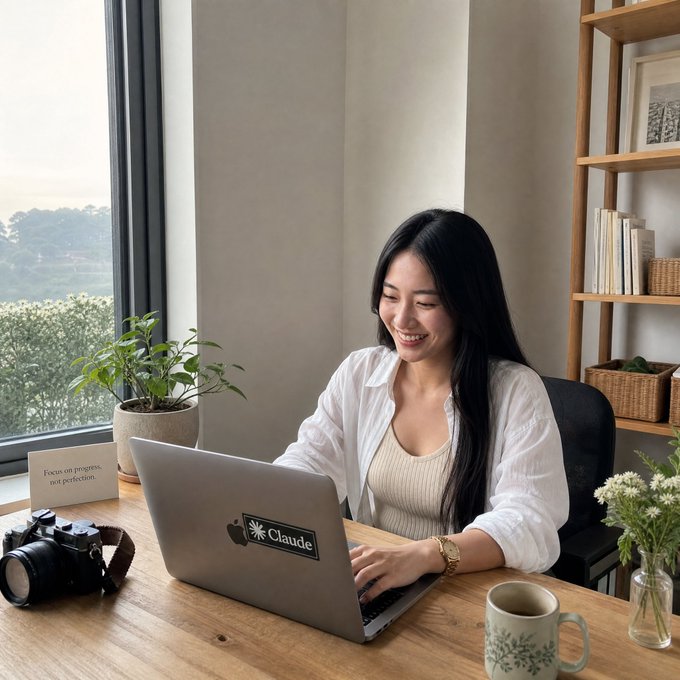 A smiling woman with long black hair works on a laptop adorned with a 'Claude' sticker at a wooden desk, accompanied by a camera, a potted plant, and a coffee mug.