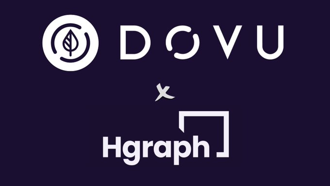 The image displays a partnership graphic on a dark purple background, featuring the "DOVU" logo with its circular leaf emblem at the top and the "Hgraph" logo below, separated by an "x" symbol indicating their collaboration. This visual announcement aligns with the post's message about Hgraph joining Authority Trail to deliver verifiable permissions to Hedera and EVM developers without conventional KYC requirements.