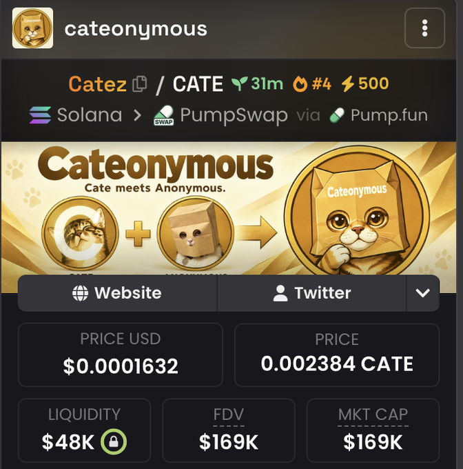 A mobile screenshot of a cryptocurrency token page for "Cateonymous" (ticker: CATE) on the Solana blockchain via PumpSwap/Pump.fun, displaying a price of $0.0001632, liquidity of $48K, and FDV/market cap of $169K, with branding showing a cat character labeled "Cate meets Anonymous." This visual supports the post's promotion of $CATEZ as the next meme coin airdrop opportunity to participate in.
