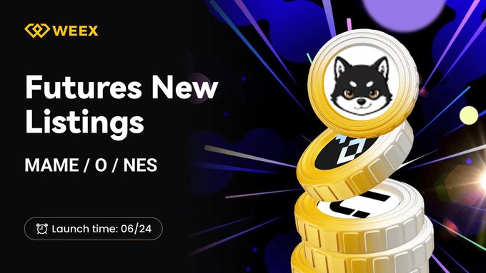 A promotional WEEX graphic announcing new futures listings for MAME, O, and NES on June 24, featuring a stack of gold tokens topped with a Shiba Inu mascot and the tagline "Futures New Listings." The image visually reinforces the post's news of the upcoming token listings on the WEEX platform.