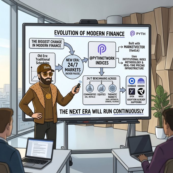 The image shows a man standing in front of a whiteboard or projector screen, giving a presentation about modern finance. The room has two men sitting at desks with laptops open, likely taking notes or following along with the presentation. There are also potted plants placed around the room, adding some greenery to the space. The post mentions that the biggest change in modern finance is not just faster trading but the ability to create reliable markets without waiting for traditional schedules. This can be seen as a significant shift in the way financial markets operate and has been facilitated by platforms like Pyth Indices.
