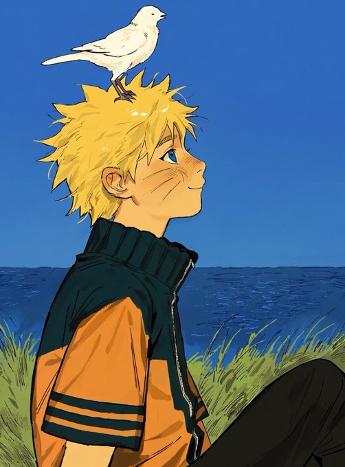 An anime-style illustration of a blonde boy with a white bird perched on his head, wearing an orange and navy jacket against a blue sky and ocean background.