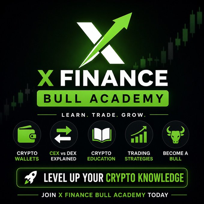 An advertisement for 'X FINANCE BULL ACADEMY' features a green and white 'X' logo with an upward arrow, alongside icons for 'CRYPTO WALLETS', 'CEX vs DEX EXPLAINED', 'CRYPTO EDUCATION', 'TRADING STRATEGIES', and 'BECOME A BULL'.