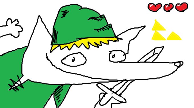 A crude digital drawing of a wolf-like figure with sharp teeth wearing a green hat, accompanied by pixel hearts and a Triforce symbol referencing The Legend of Zelda.