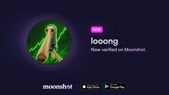 A promotional graphic featuring a circular image of a surreal creature with an elongated nose against a green stock chart background, advertising "$looong — NEW, Now verified on Moonshot," with the Moonshot logo and App Store/Google Play download buttons at the bottom.