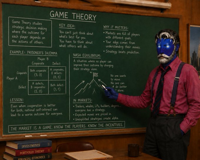 A man with a blue glowing mask, mustache, and suspenders stands in front of a chalkboard explaining 'GAME THEORY', including the Prisoner's Dilemma and Nash Equilibrium, with books on 'INVESTMENTS', 'PORTFOLIO THEORY', and 'FINANCIAL ECONOMICS' nearby.