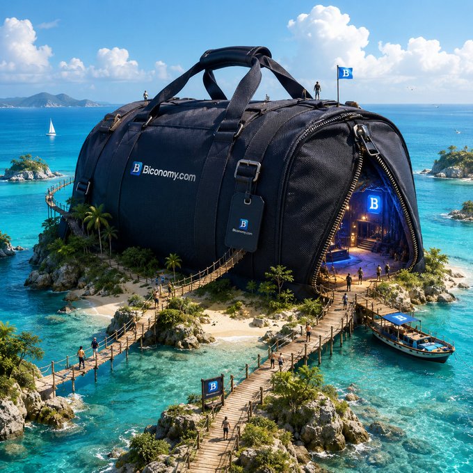A massive black duffel bag branded "Biconomy.com" sits atop a tropical island surrounded by turquoise waters, with wooden walkways, tiny figures of people, and a small boat exploring its surroundings. The image creatively visualizes the post's "Biconomy Island" metaphor, depicting a journey of exploration and opportunity in the crypto/Web3 space.
