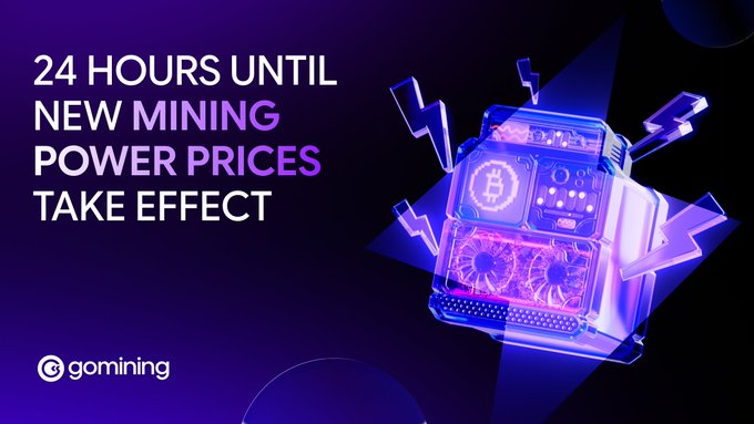 A promotional graphic for GoMining announces "24 HOURS UNTIL NEW MINING POWER PRICES TAKE EFFECT," featuring a stylized 3D illustration of a glowing blue and purple Bitcoin mining rig with cooling fans and a Bitcoin logo, accompanied by lightning bolt accents. The image visually reinforces the accompanying post's countdown message about price increases—from $16.99 to $18.99 per TH—effective September 8.