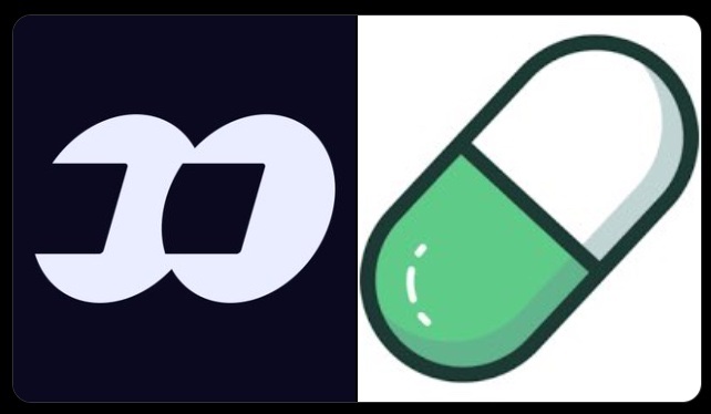 Two icons are shown side by side: a stylized Dash cryptocurrency logo on a dark background and a green and white capsule/pill icon.
