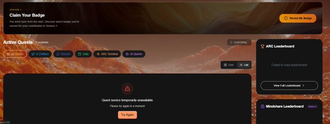 The image shows a screenshot of a webpage with an orange background, featuring a list of options for users to choose from. The text "Mấy hôm nay quest @TheARCTERMINAL đang lỗi phải không nhỉ." is displayed on the screen, which suggests that there might be a problem with accessing or viewing the webpage. The post also mentions an error message and a warning about a temporary issue.