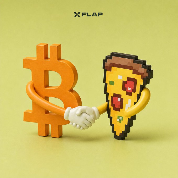 A 3D-rendered Bitcoin symbol and a pixelated pizza slice character shake hands against a yellow background, with the "FLAP" logo displayed at the top, illustrating a playful partnership between cryptocurrency and the $PIZZA token on @flapdotsh.