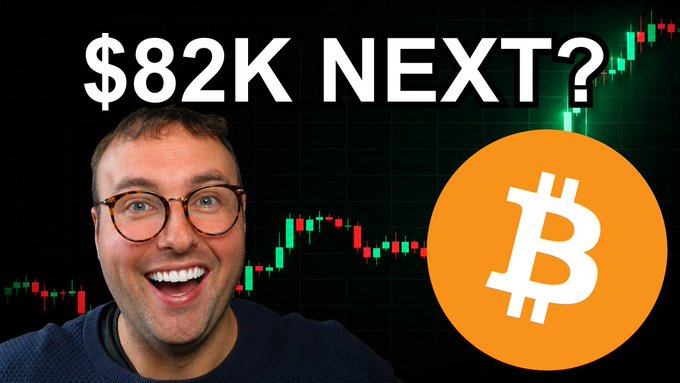 A smiling man with glasses appears in front of a Bitcoin candlestick chart with the bold text "$82K NEXT?" and the Bitcoin logo, referencing the post's prediction about crypto surging toward $82K in a key macro week.
