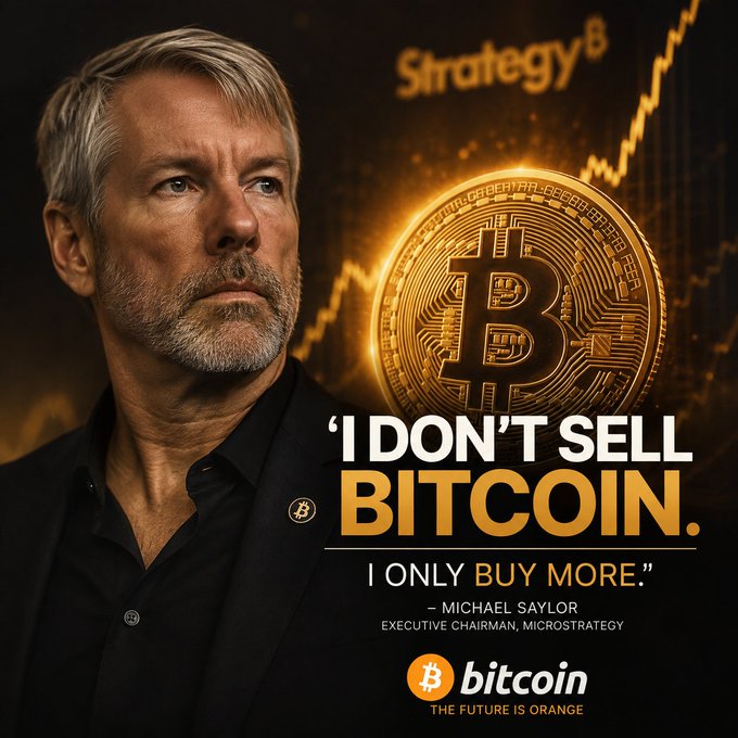 The image shows a promotional graphic featuring Michael Saylor, Executive Chairman of MicroStrategy, alongside a large gold Bitcoin coin and the text "I DON'T SELL BITCOIN. I ONLY BUY MORE." — a quote that directly reinforces the post's narrative of his unwavering $BTC accumulation strategy, which grew from an initial 21,454 BTC purchase to 840,447 BTC held today.