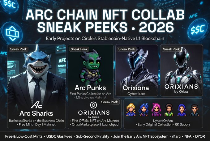 A promotional graphic titled "ARC CHAIN NFT COLLAB SNEAK PEEKS · 2026" showcases early projects on Circle's Stablecoin-Native L1 Blockchain, featuring "Sneak Peek" cards for Arc Sharks, Arc Punks (first Punks collection on Arc Mainnet), Orixians (cyber-luxe), and KyneraOnArc (6K supply pixel-style collection), aligning with the post's mention of multiple upcoming Arc Chain NFT projects like @ArcSharks, @ArcPunksNFT, @Orixaxyz, and @KyneraOnArc launching on the new ecosystem.