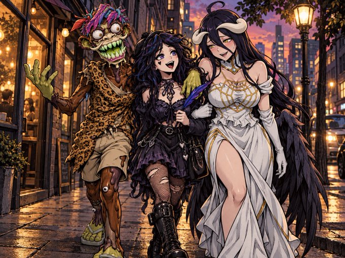 An anime-style illustration showing three characters walking down a city street at sunset: a zombie-like figure in leopard print, a girl in a black gothic outfit, and a woman with dark wings in a white and gold dress.