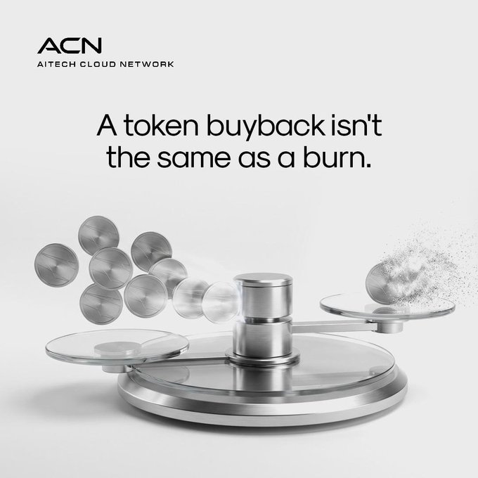 A sleek silver balance scale visually represents the distinction between token buybacks and burns, with metallic coin-like tokens on one side and particles dissolving into dust on the other, beneath the headline "A token buyback isn't the same as a burn" and the ACN (Aitech Cloud Network) logo.