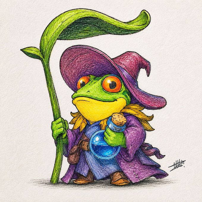 A colorful illustration of a frog wizard character wearing a purple hat and robe, holding a staff with a green leaf and a blue potion bottle with a cork stopper.