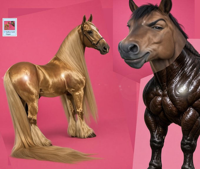 A digital art image featuring two stylized horse figures on a pink background—a light golden, flowing-maned horse on the left and a muscular dark brown horse bust on the right—labeled 'Stallion Gold Digger' in the top left corner.