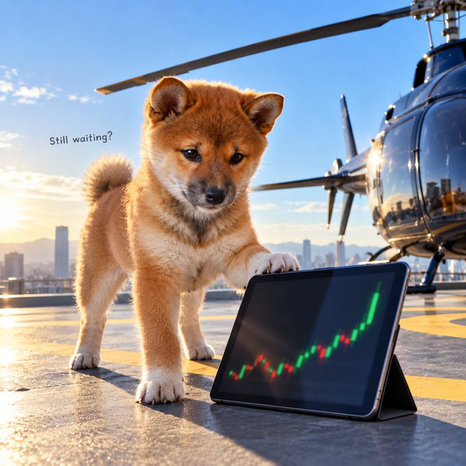 An AI-generated image of a Shiba Inu puppy standing next to a tablet displaying a green and red stock chart, with a helicopter in the background and the text 'Still waiting?' floating beside the dog.