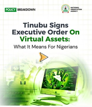 A policy breakdown graphic from the National Orientation Agency titled 'Tinubu Signs Executive Order On Virtual Assets: What It Means For Nigerians', featuring a computer monitor with digital imagery.