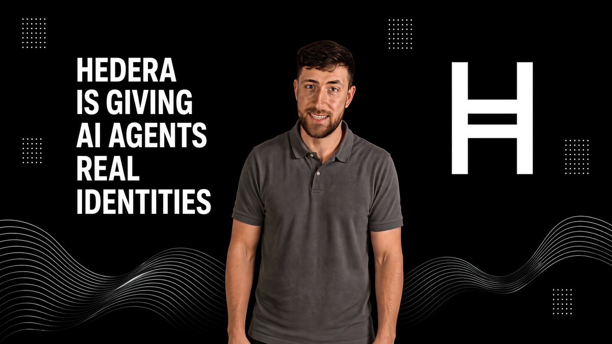 A thumbnail featuring a man in a gray polo shirt next to text reading 'HEDERA IS GIVING AI AGENTS REAL IDENTITIES' and a large 'H' logo on a black background.