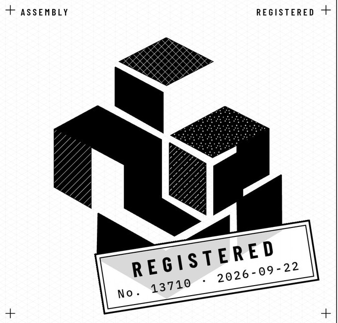 A black and white geometric graphic with isometric cubes, featuring text 'ASSEMBLY' and 'REGISTERED' at the top corners, and a stamped label reading 'REGISTERED No. 13710 · 2026-09-22'