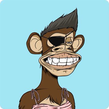 A cartoon illustration of a brown monkey character with spiky hair, an eye patch, a wide grinning mouth showing teeth, and a pink bikini top against a light blue background.