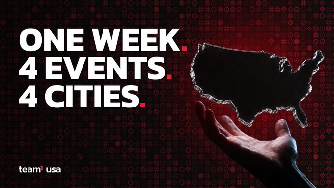 A graphic features 'ONE WEEK. 4 EVENTS. 4 CITIES.' text next to a hand holding a cracked United States map silhouette, branded with the 'team usa' logo.